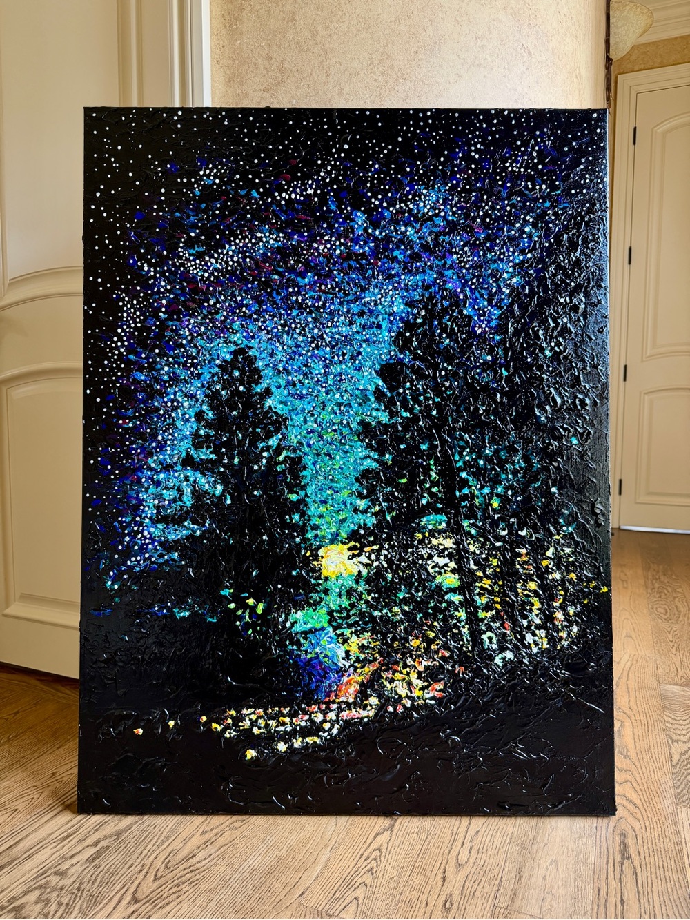 Original GoodVibeGoda Acrylic Painting Night Sky Forest Art